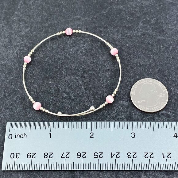 Pink Cat’s Eye Memory Wire Bracelet | Vintage Sterling Silver | 7.5” Adjustable - Picture 4 of 4